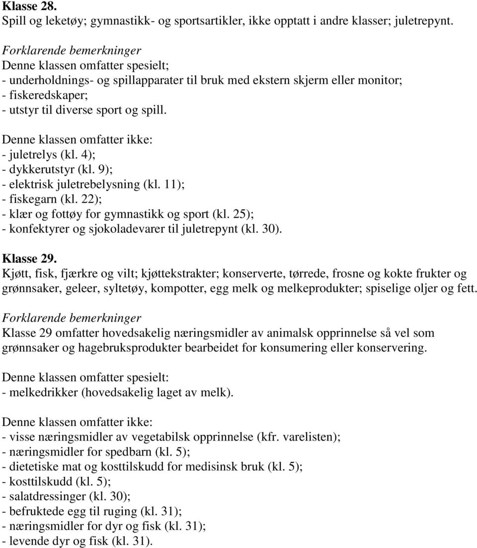 Denne klassen omfatter ikke: - juletrelys (kl. 4); - dykkerutstyr (kl. 9); - elektrisk juletrebelysning (kl. 11); - fiskegarn (kl. 22); - klær og fottøy for gymnastikk og sport (kl.