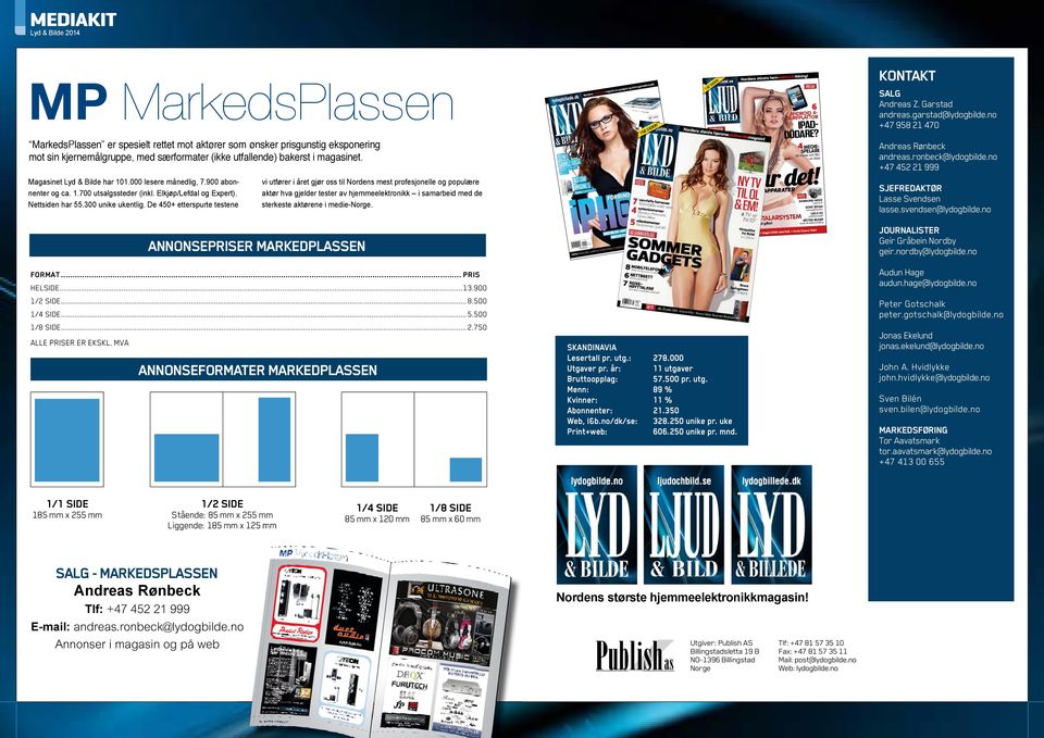 magasinet. Magasinet Lyd & Bilde har 101.000 lesere månedlig, 7.900 abonnenter og ca. 1.700 utsalgssteder (inkl. Elkjøp/Lefdal og Expert). Nettsiden har 55.300 unike ukentlig.