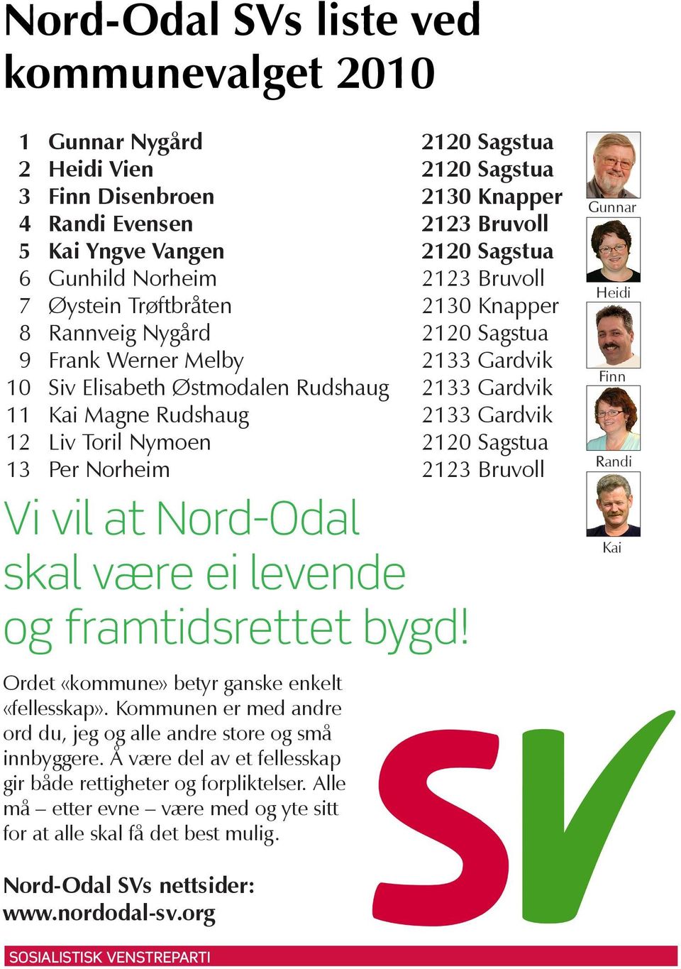 Gardvik 12 Liv Toril Nymoen 2120 Sagstua 13 Per Norheim 2123 Bruvoll Vi vil at Nord-Odal skal være ei levende og framtidsrettet bygd! Ordet «kommune» betyr ganske enkelt «fellesskap».