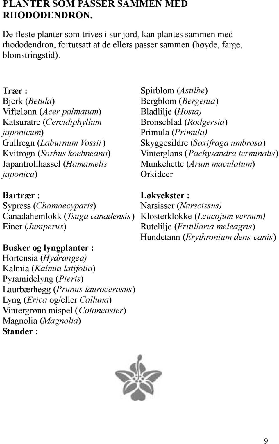 Bergblom (Bergenia) Bladlilje (Hosta) Bronseblad (Rodgersia) Primula (Primula) Skyggesildre (Saxifraga umbrosa) Vinterglans (Pachysandra terminalis) Munkehette (Arum maculatum) Orkideer Bartrær :