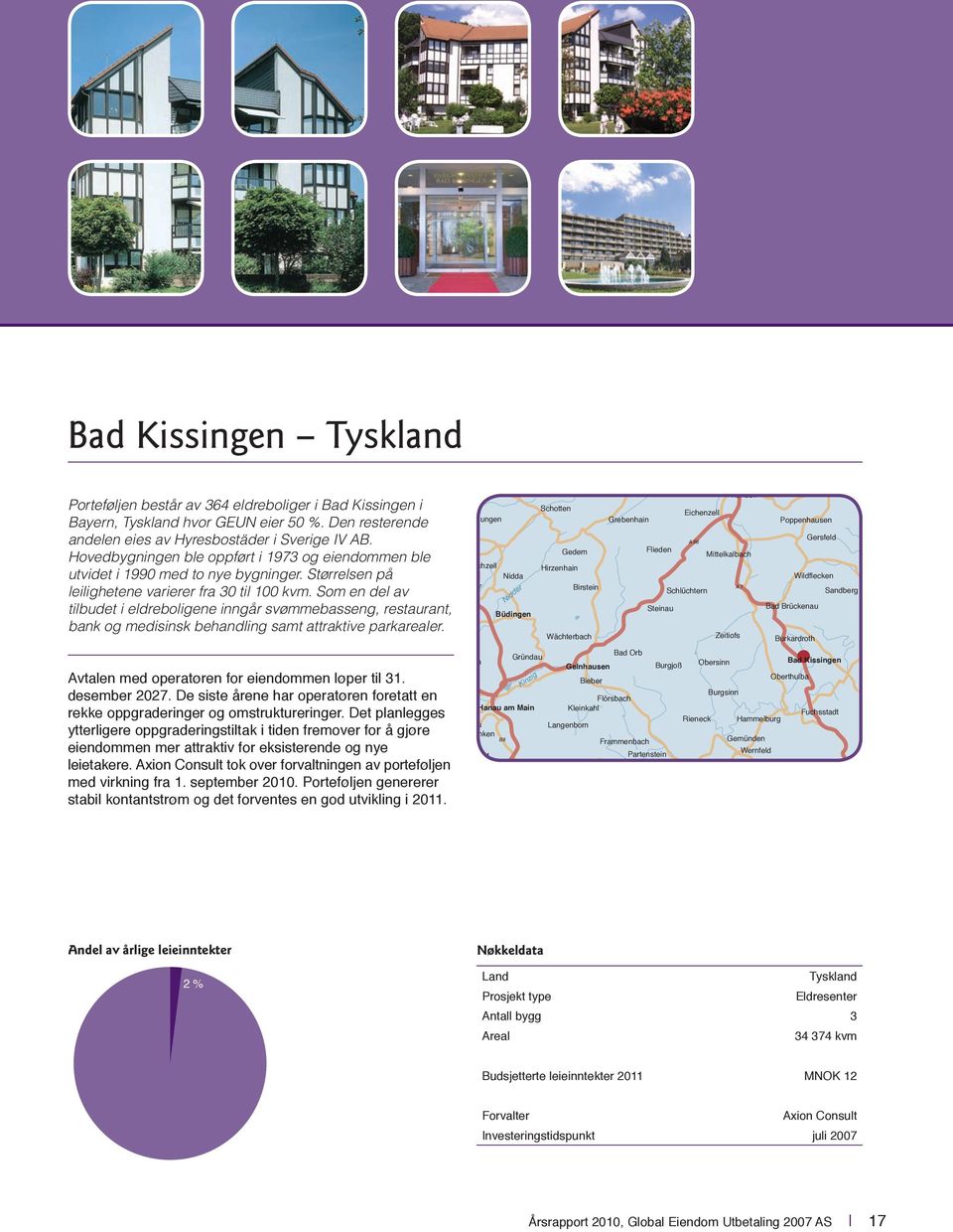 Som en del av tilbudet i eldreboligene inngår svømmebasseng, restaurant, bank og medisinsk behandling samt attraktive parkarealer. Avtalen med operatøren for eiendommen løper til 31. desember 2027.