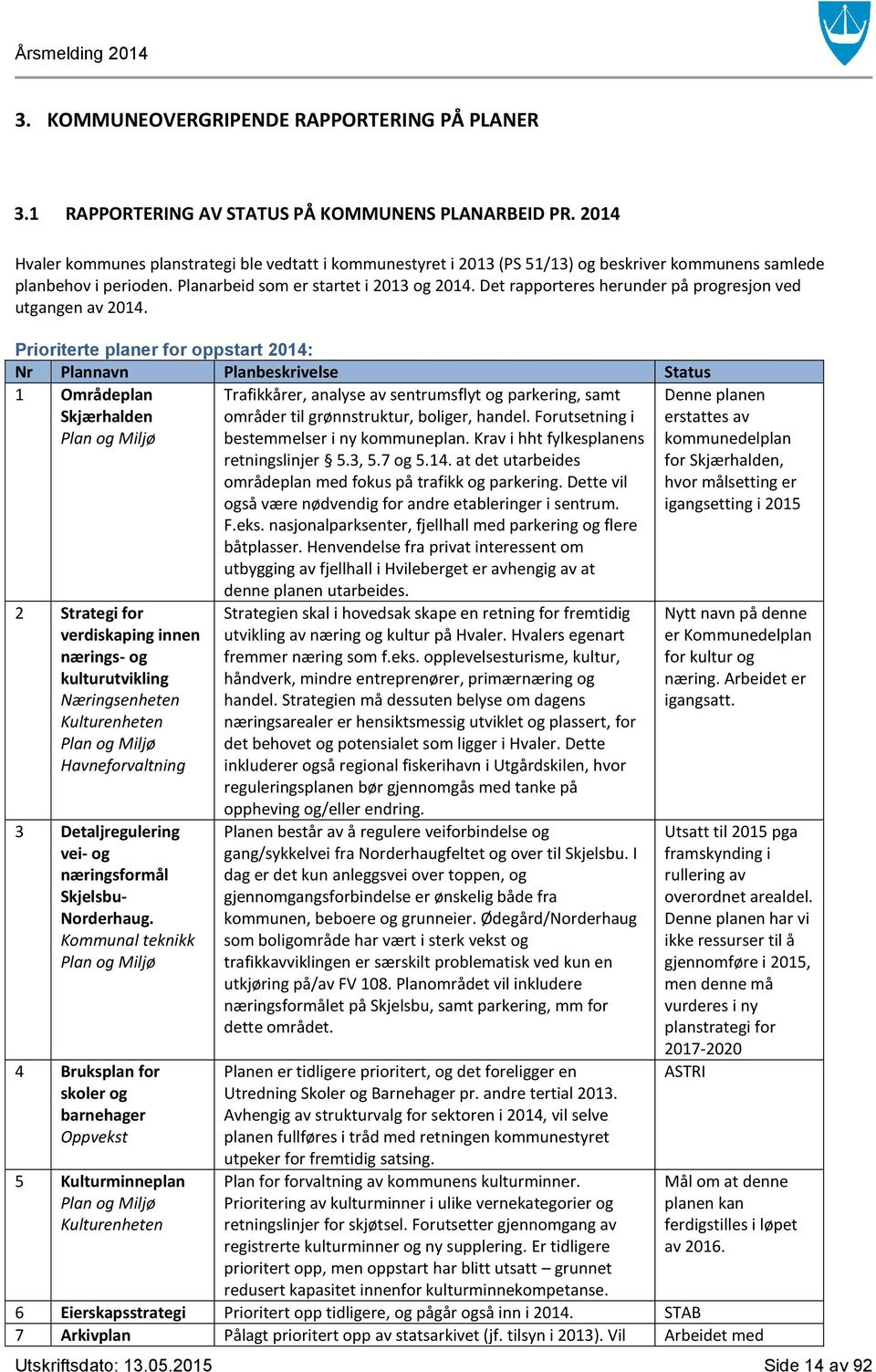 Det rapporteres herunder på progresjon ved utgangen av 2014.