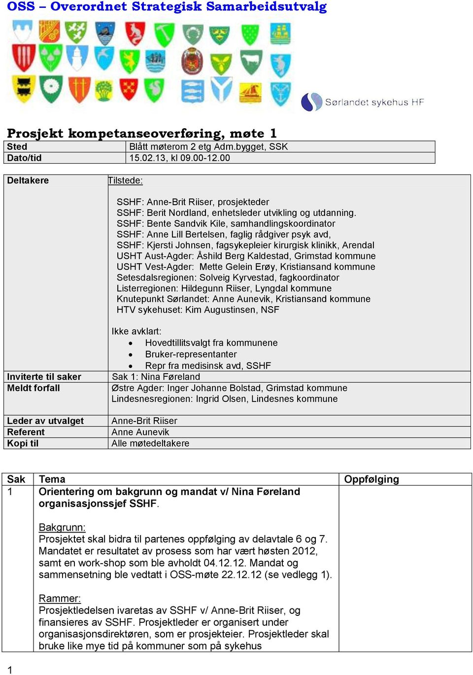 SSHF: Bente Sandvik Kile, samhandlingskoordinator SSHF: Anne Lill Bertelsen, faglig rådgiver psyk avd, SSHF: Kjersti Johnsen, fagsykepleier kirurgisk klinikk, Arendal USHT Aust-Agder: Åshild Berg