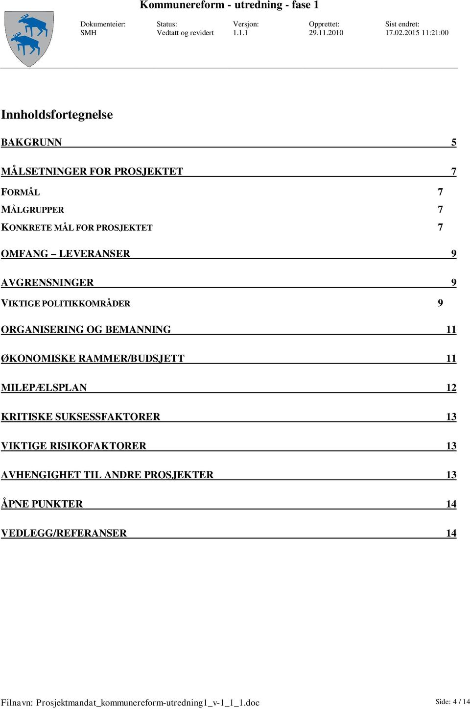 RAMMER/BUDSJETT 11 MILEPÆLSPLAN 12 KRITISKE SUKSESSFAKTORER 13 VIKTIGE RISIKOFAKTORER 13 AVHENGIGHET TIL ANDRE