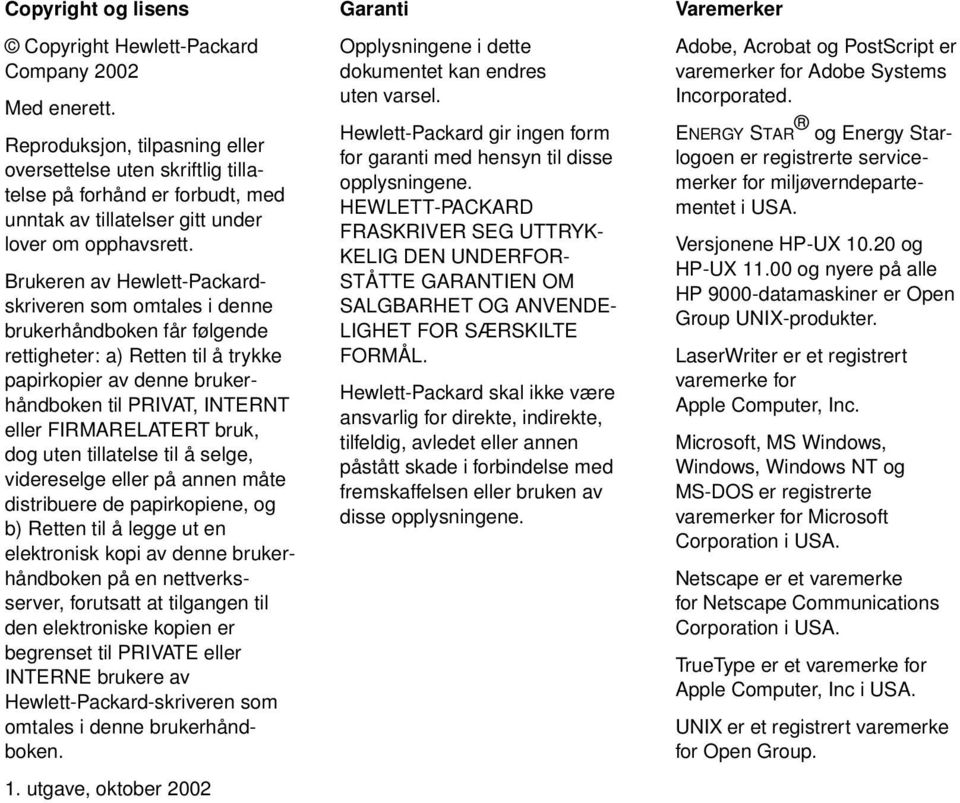 Brukeren av Hewlett-Packardskriveren som omtales i denne brukerhåndboken får følgende rettigheter: a) Retten til å trykke papirkopier av denne brukerhåndboken til PRIVAT, INTERNT eller FIRMARELATERT