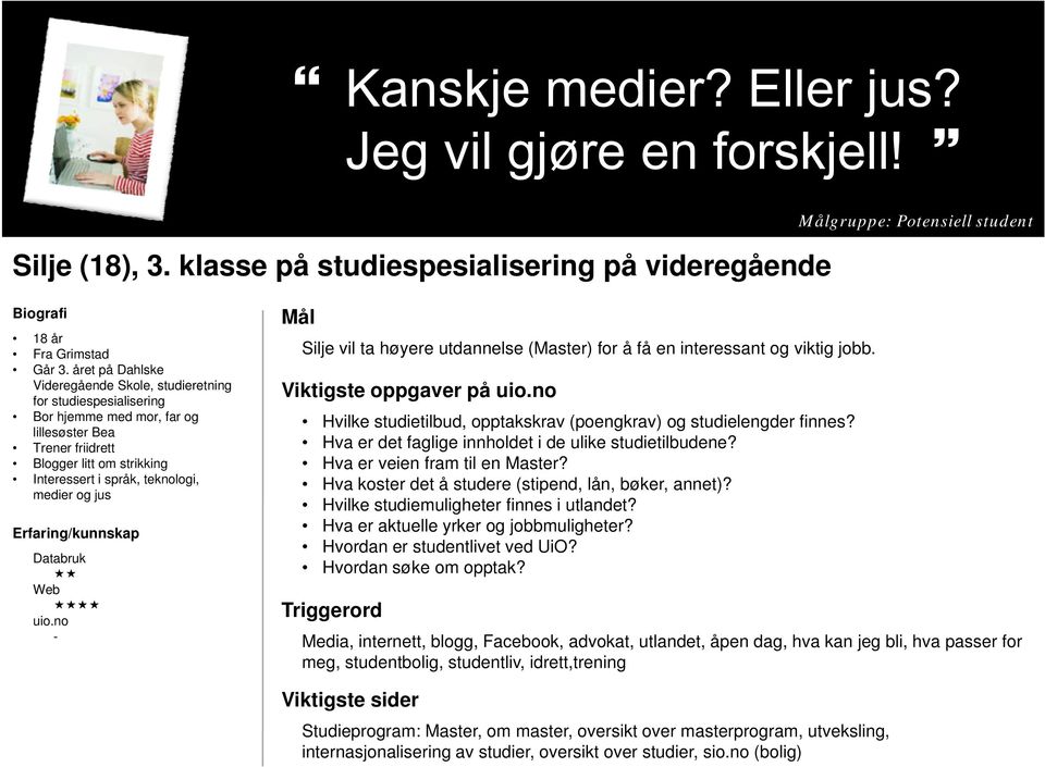 og jus - Silje vil ta høyere utdannelse (Master) for å få en interessant og viktig jobb. Viktigste oppgaver på Hvilke studietilbud, opptakskrav (poengkrav) og studielengder finnes?