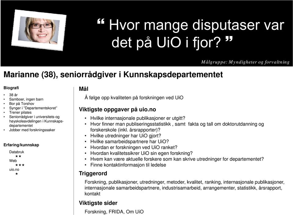 universitets-og høyskoleavdelingen i Kunnskapsdepartementet Jobber med forskningssaker Å følge opp kvaliteten på forskningen ved UiO Viktigste oppgaver på Hvilke internasjonale publikasjoner er