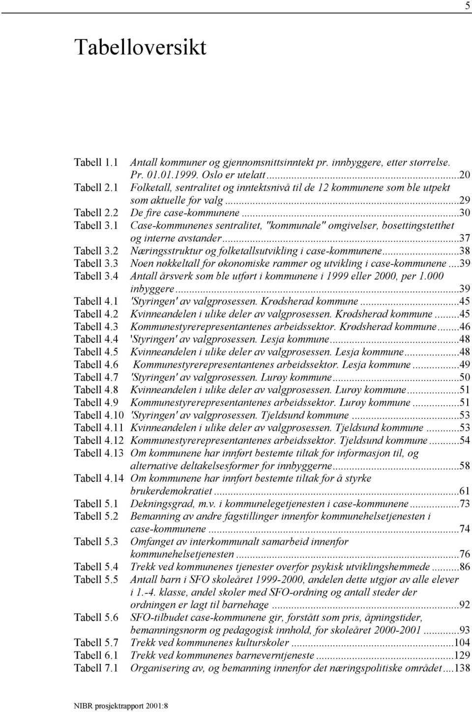 1 Case-kommunenes sentralitet, "kommunale" omgivelser, bosettingstetthet og interne avstander...37 Tabell 3.2 Næringsstruktur og folketallsutvikling i case-kommunene...38 Tabell 3.