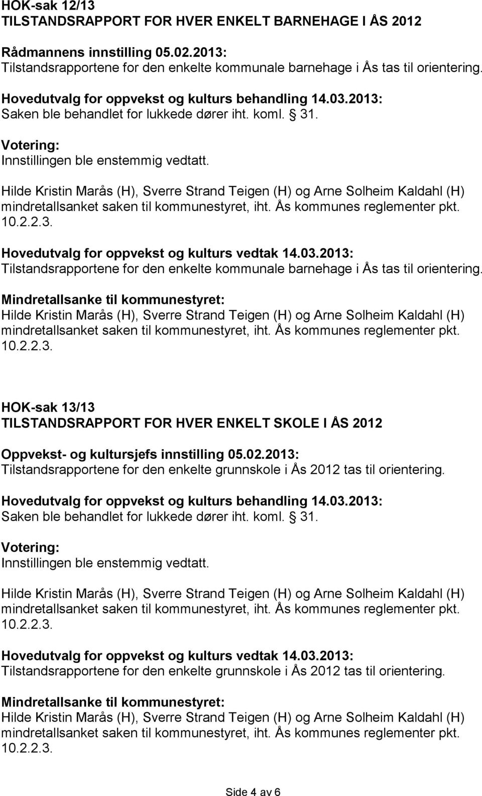 2013: Tilstandsrapportene for den enkelte kommunale barnehage i Ås tas til orientering.