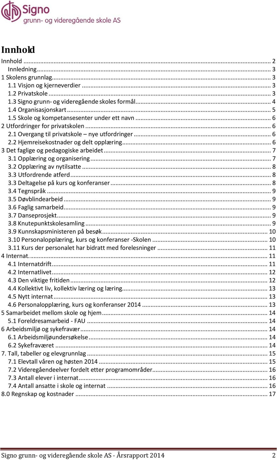 .. 6 3 Det faglige og pedagogiske arbeidet... 7 3.1 Opplæring og organisering... 7 3.2 Opplæring av nytilsatte... 8 3.3 Utfordrende atferd... 8 3.3 Deltagelse på kurs og konferanser... 8 3.4 Tegnspråk.