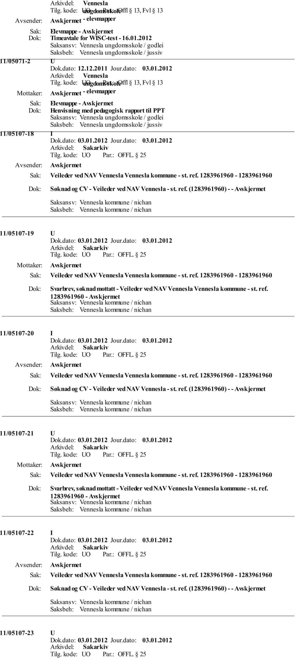 25 Avskjermet Veileder ved NAV Vennesla Vennesla kommune - st. ref. 1283961960-1283961960 Søknad og CV - Veileder ved NAV Vennesla - st. ref. (1283961960) - - Avskjermet 11/05107-19 U Tilg.