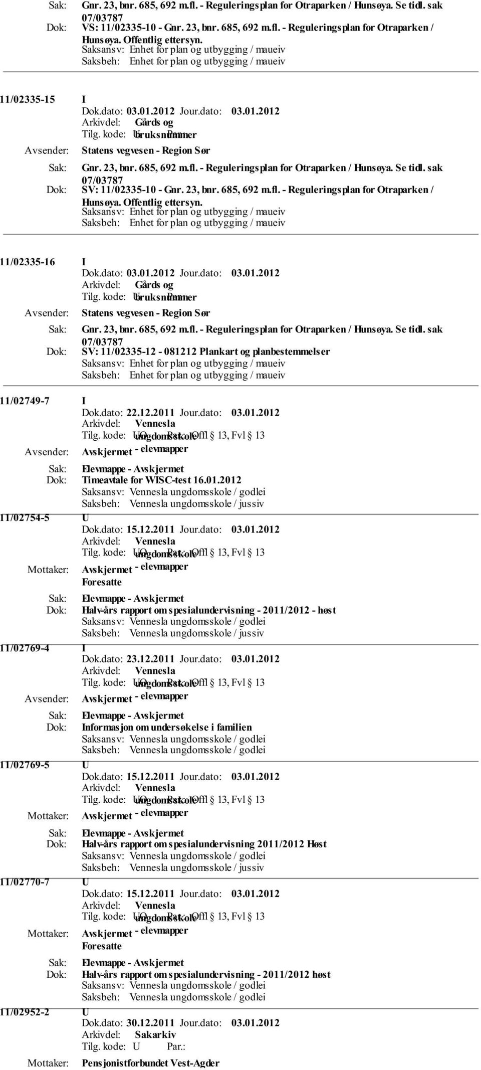 - Reguleringsplan for Otraparken / Hunsøya. Se tidl. sak 07/03787 SV: 11/02335-10 - Gnr. 23, bnr. 685, 692 m.fl. - Reguleringsplan for Otraparken / Hunsøya. Offentlig ettersyn.