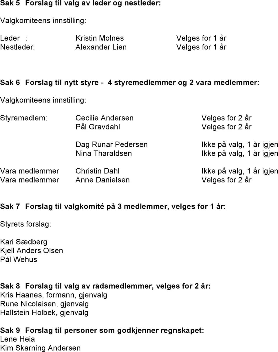 Ikke på valg, 1 år igjen Vara medlemmer Christin Dahl Ikke på valg, 1 år igjen Vara medlemmer Anne Danielsen Velges for 2 år Sak 7 Forslag til valgkomité på 3 medlemmer, velges for 1 år: Styrets