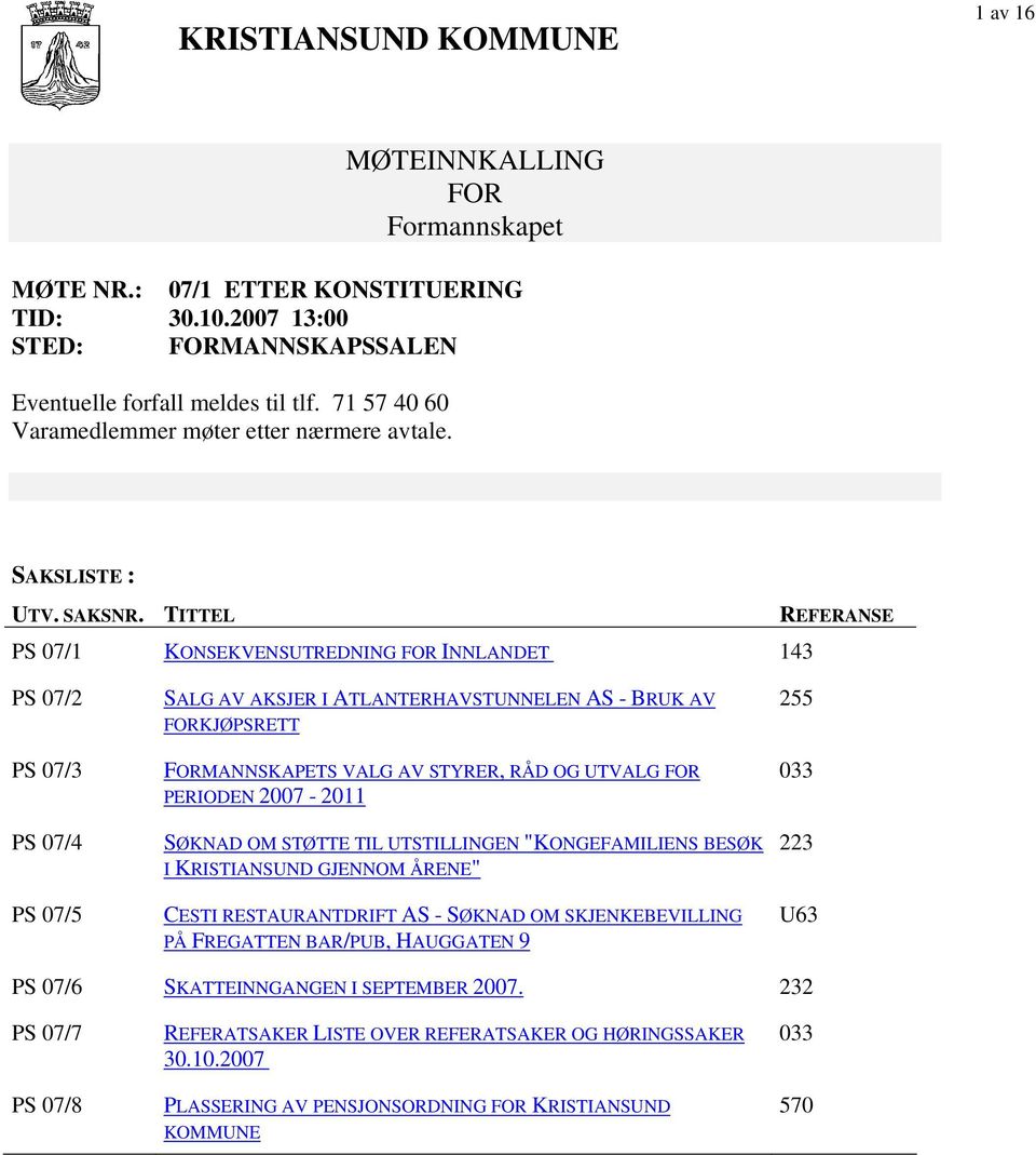 TITTEL REFERANSE PS 07/1 KONSEKVENSUTREDNING FOR INNLANDET 143 PS 07/2 PS 07/3 PS 07/4 PS 07/5 SALG AV AKSJER I ATLANTERHAVSTUNNELEN AS - BRUK AV FORKJØPSRETT FORMANNSKAPETS VALG AV STYRER, RÅD OG