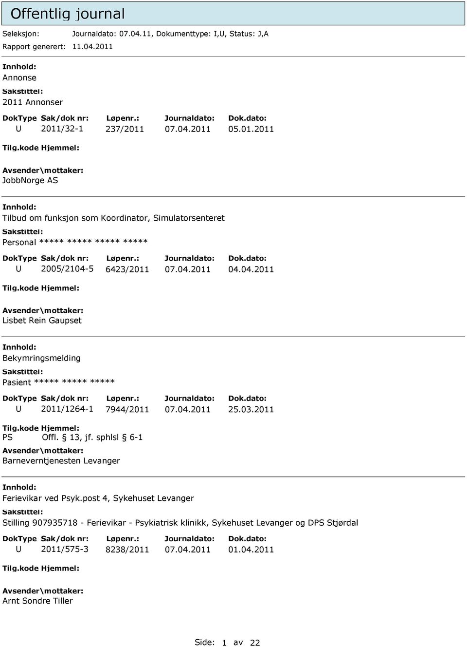 04.2011 Lisbet Rein Gaupset Bekymringsmelding Pasient ***** ***** ***** 2011/1264-1 7944/2011 Barneverntjenesten Levanger 25.03.