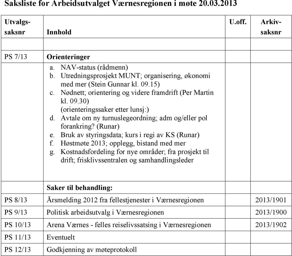 Avtale om ny turnuslegeordning; adm og/eller pol forankring? (Runar) e. Bruk av styringsdata; kurs i regi av KS (Runar) f. Høstmøte 2013; opplegg, bistand med mer g.