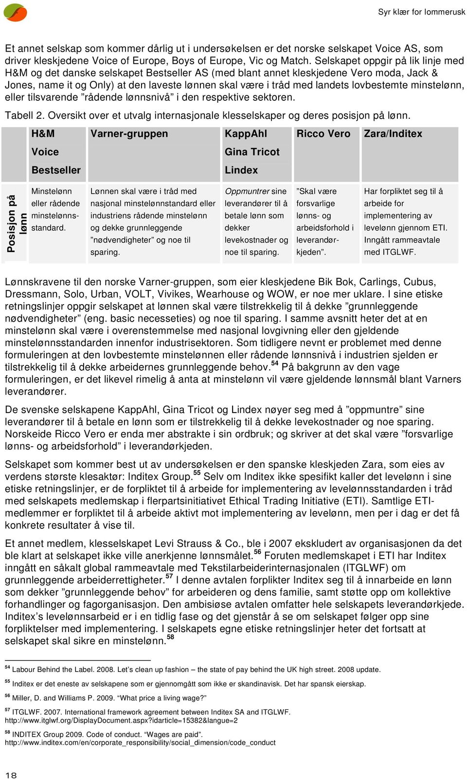 lovbestemte minstelønn, eller tilsvarende rådende lønnsnivå i den respektive sektoren. Tabell 2. Oversikt over et utvalg internasjonale klesselskaper og deres posisjon på lønn.