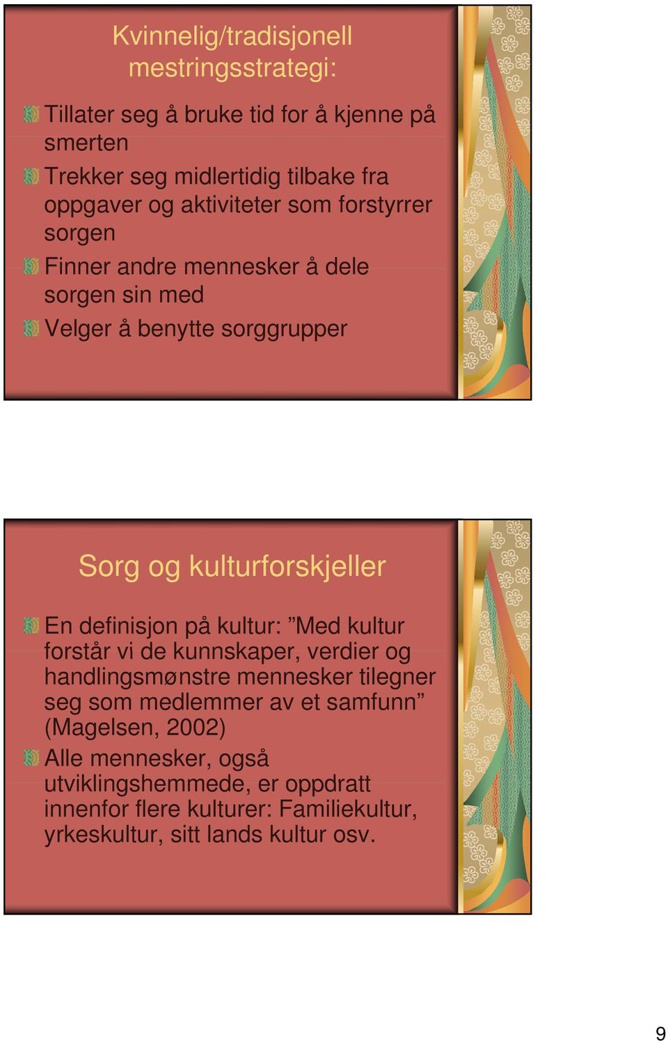 definisjon på kultur: Med kultur forstår vi de kunnskaper, verdier og handlingsmønstre mennesker tilegner seg som medlemmer av et samfunn