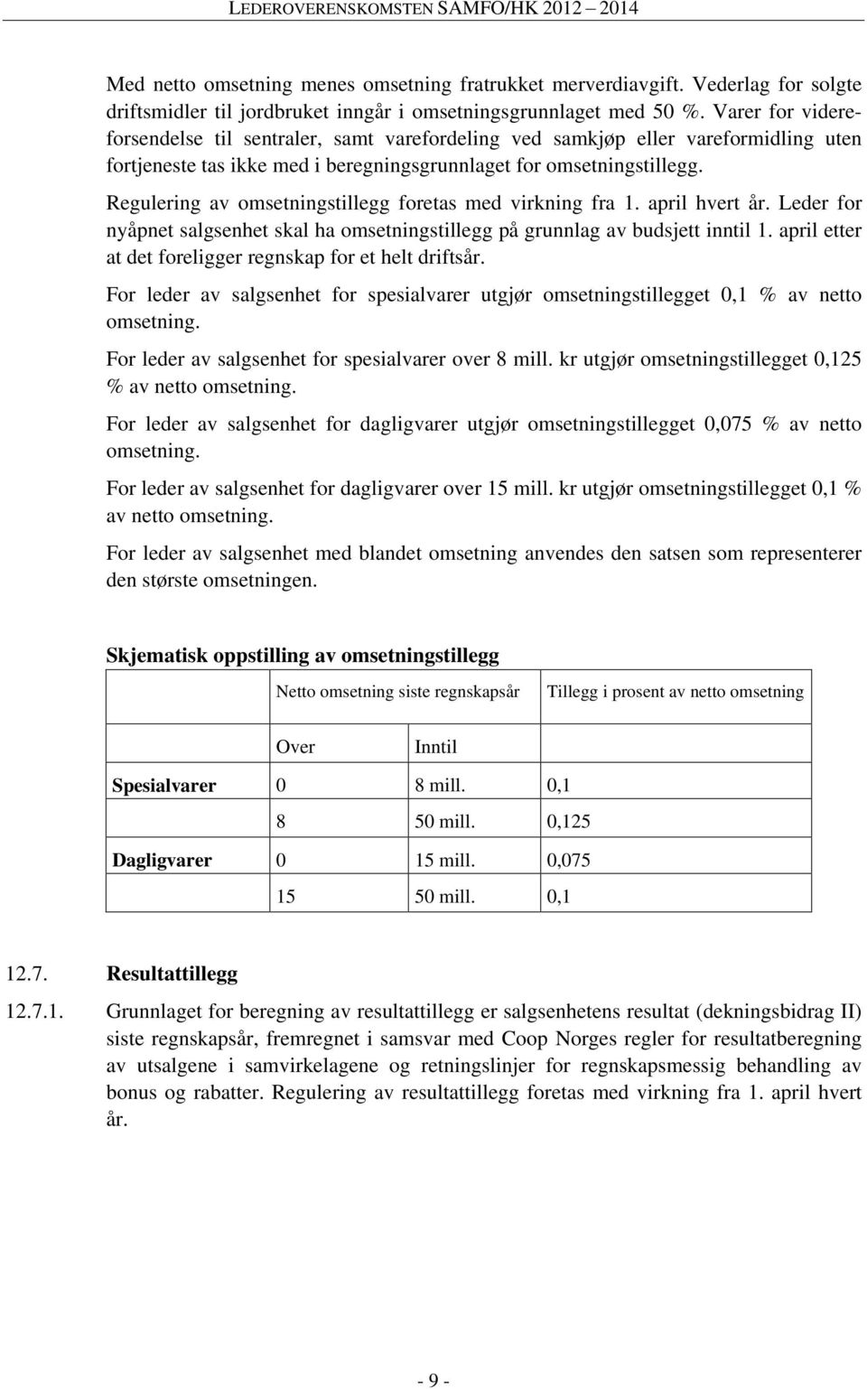 Regulering av omsetningstillegg foretas med virkning fra 1. april hvert år. Leder for nyåpnet salgsenhet skal ha omsetningstillegg på grunnlag av budsjett inntil 1.