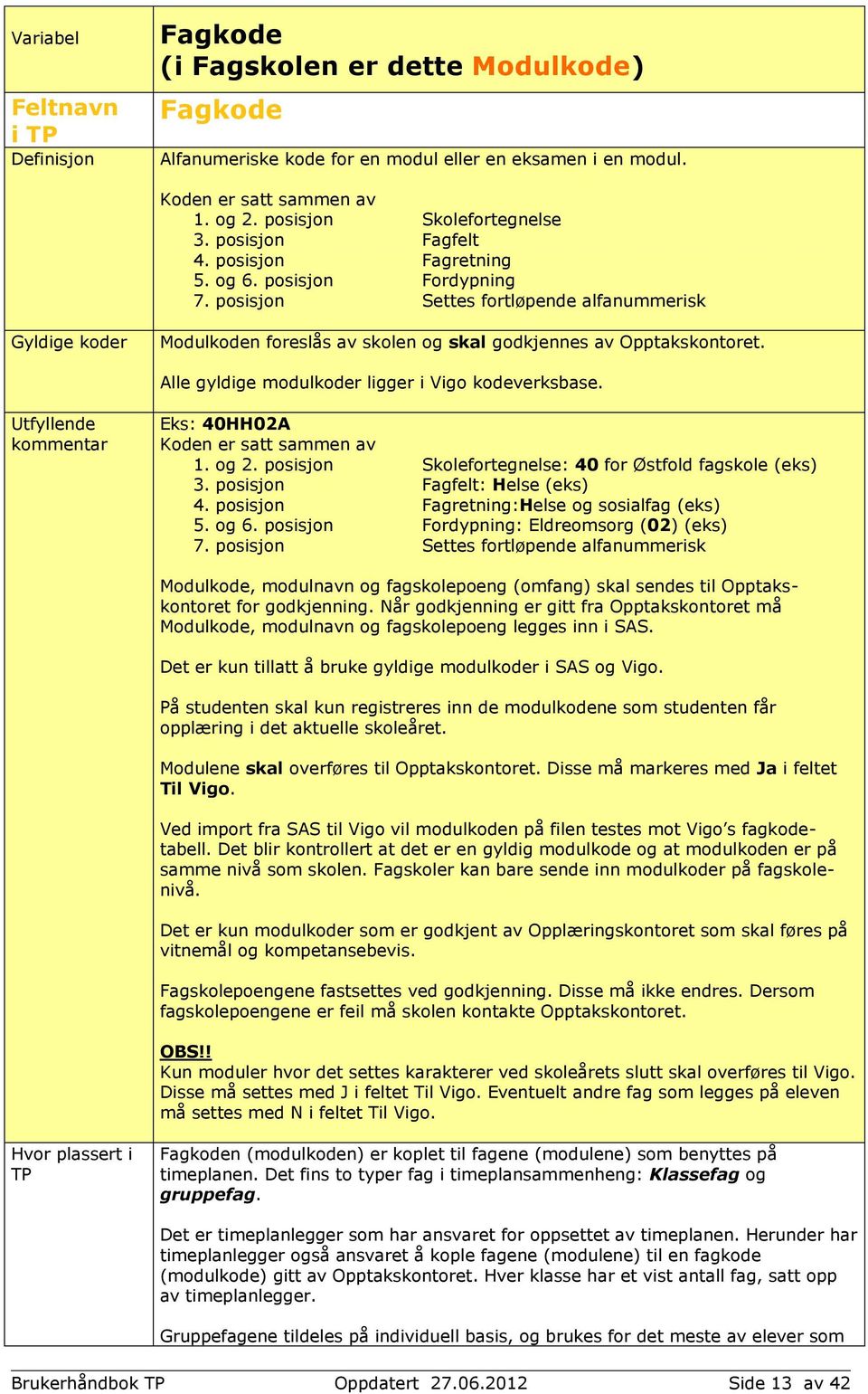 posisjon Settes fortløpende alfanummerisk Gyldige koder Modulkoden foreslås av skolen og skal godkjennes av Opptakskontoret. Alle gyldige modulkoder ligger i Vigo kodeverksbase.