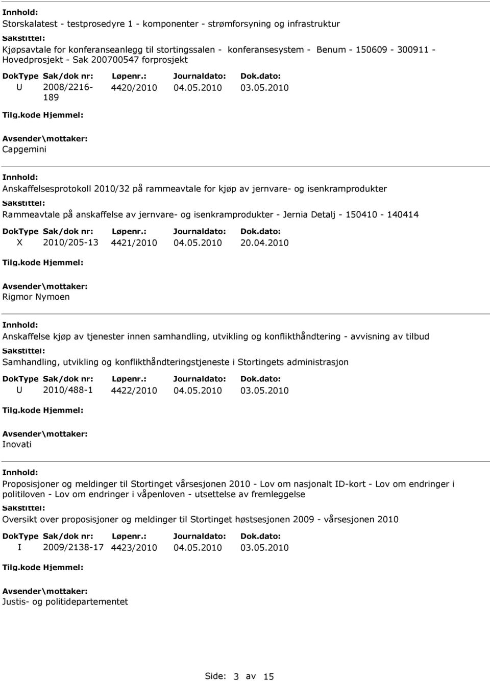 : 4420/2010 Capgemini Anskaffelsesprotokoll 2010/32 på rammeavtale for kjøp av jernvare- og isenkramprodukter Rammeavtale på anskaffelse av jernvare- og isenkramprodukter - Jernia Detalj -