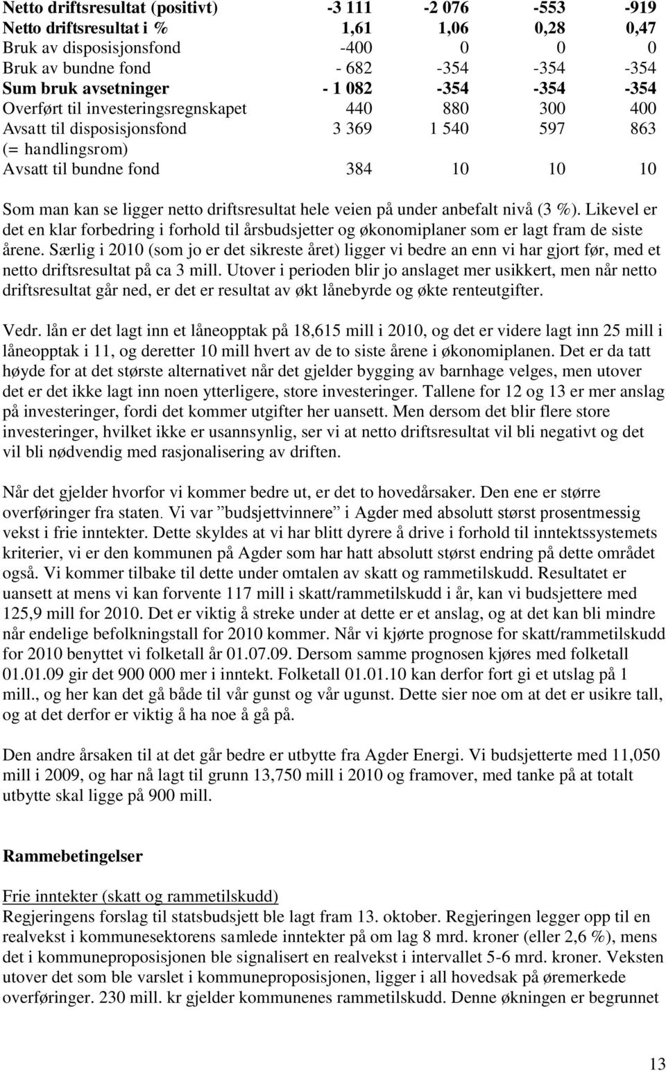 driftsresultat hele veien på under anbefalt nivå (3 %). Likevel er det en klar forbedring i forhold til årsbudsjetter og økonomiplaner som er lagt fram de siste årene.