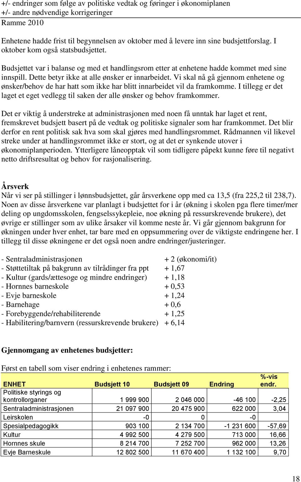 Vi skal nå gå gjennom enhetene og ønsker/behov de har hatt som ikke har blitt innarbeidet vil da framkomme. I tillegg er det laget et eget vedlegg til saken der alle ønsker og behov framkommer.