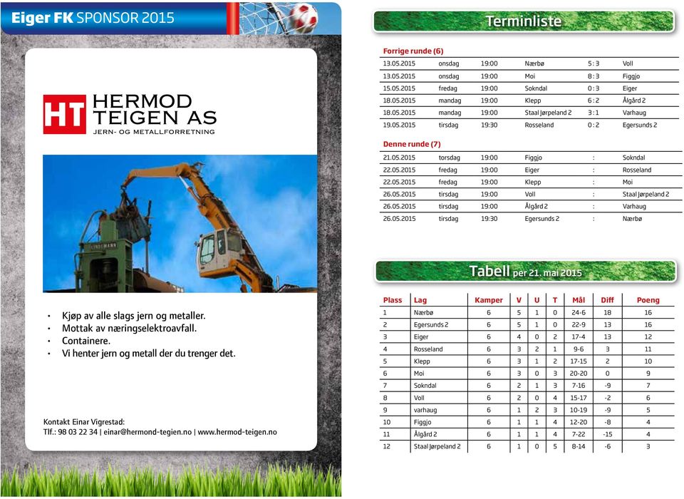 05.05 tirsdag 9:00 Ålgård : Varhaug 6.05.05 tirsdag 9:0 Egersunds : Nærbø Tabell per. mai 05 Kjøp av alle slags jern og metaller. Mottak av næringselektroavfall. Containere.