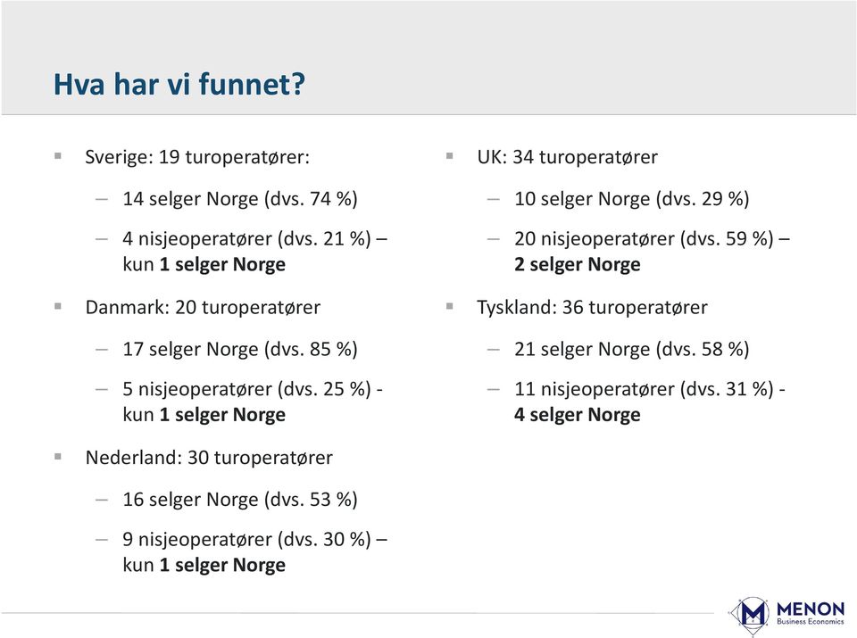 25 %) - kun 1 selger Norge UK: 34 turoperatører 10 selger Norge (dvs. 29 %) 20 nisjeoperatører (dvs.