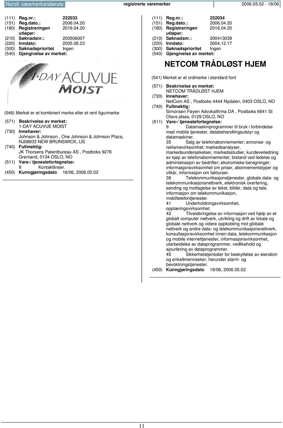 17 NETCOM TRÅDLØST HJEM 1-DAY ACUVUE MOIST Johnson & Johnson, One Johnson & Johnson Plaza, NJ08933 NEW BRUNSWICK, US JK Thorsens Patentbureau AS, Postboks 9276 Grønland, 0134 OSLO, 9 Kontaktlinser.