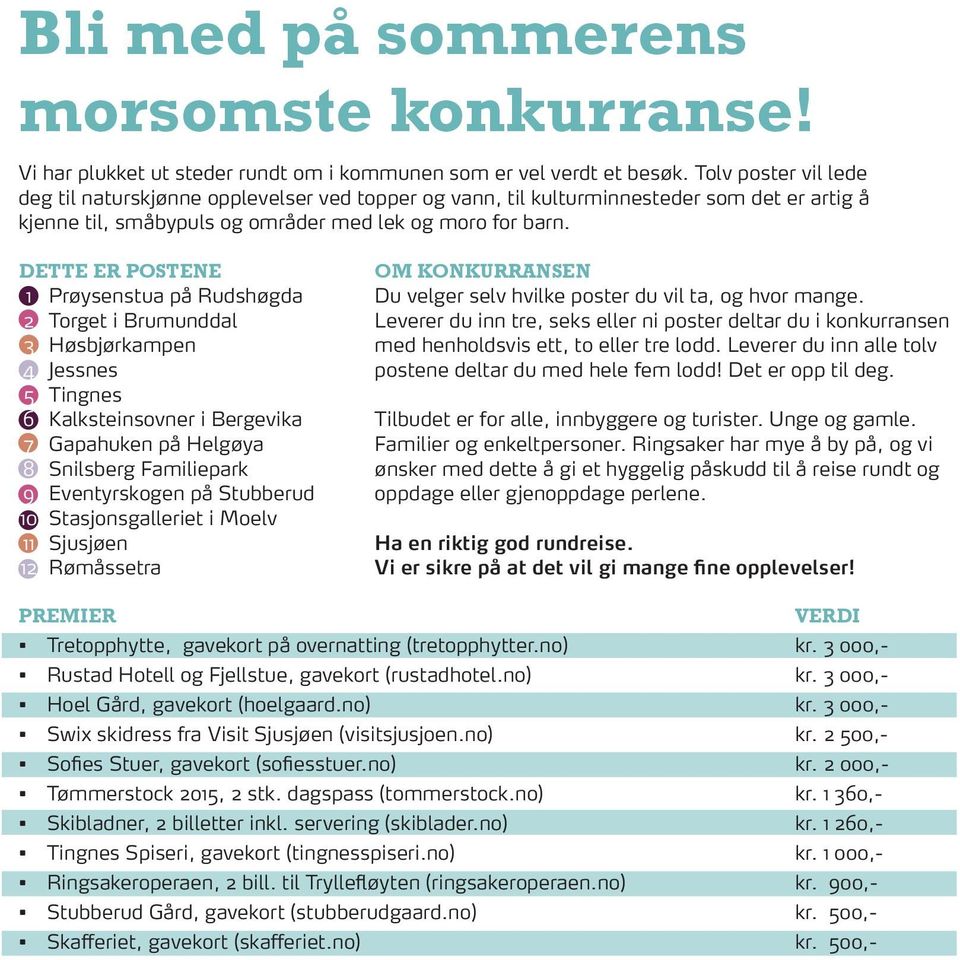 DETTE ER POSTENE 1 Prøysenstua på Rudshøgda 2 Torget i Brumunddal 3 Høsbjørkampen 4 Jessnes 5 Tingnes 6 Kalksteinsovner i Bergevika 7 Gapahuken på Helgøya 8 Snilsberg Familiepark 9 Eventyrskogen på