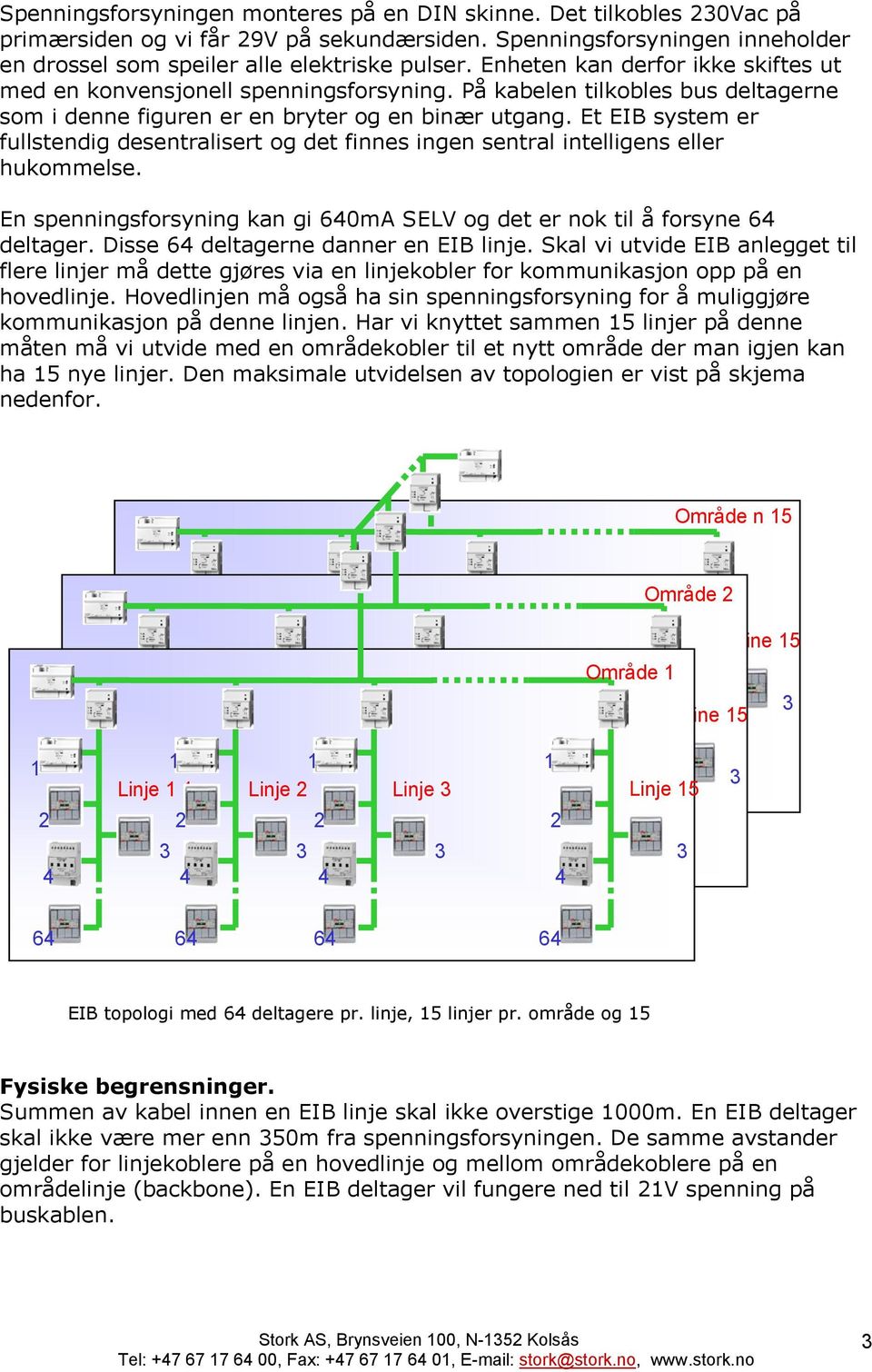 Et EIB system er fullstendig desentralisert og det finnes ingen sentral intelligens eller hukommelse. En spenningsforsyning kan gi 60mA SELV og det er nok til å forsyne 6 deltager.