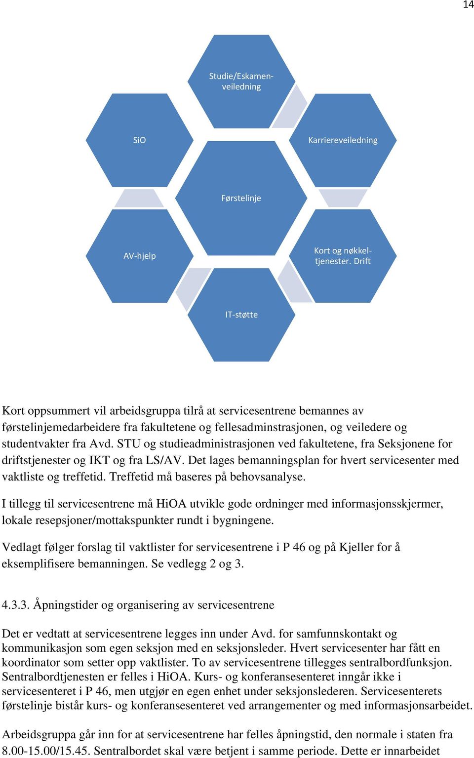 STU og studieadministrasjonen ved fakultetene, fra Seksjonene for driftstjenester og IKT og fra LS/AV. Det lages bemanningsplan for hvert servicesenter med vaktliste og treffetid.