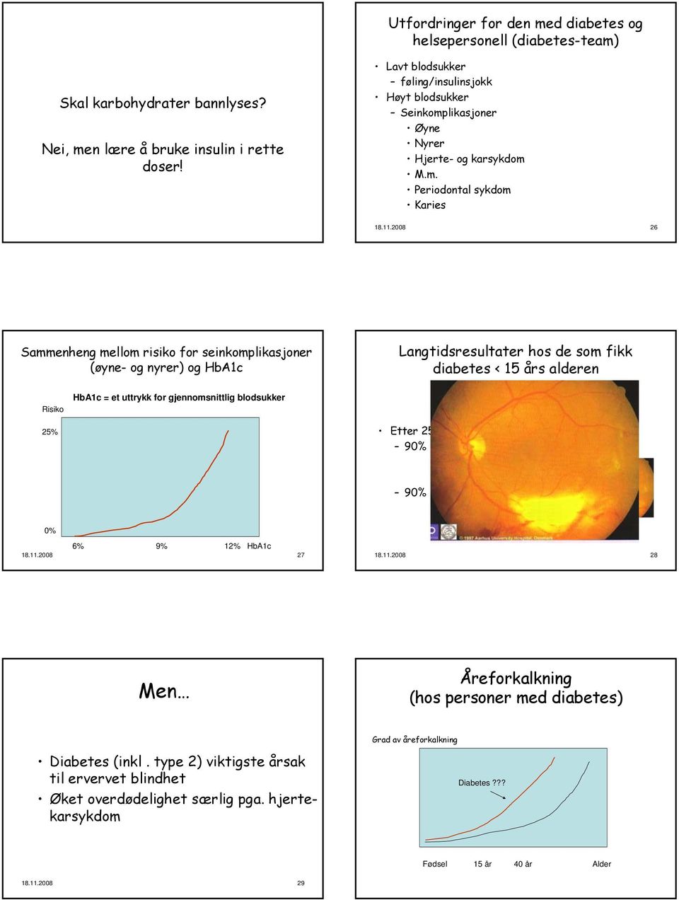 2008 26 Sammenheng mellom risiko for seinkomplikasjoner (øyne- og nyrer) og HbA1c Langtidsresultater hos de som fikk diabetes < 15 års alderen Risiko HbA1c = et uttrykk for gjennomsnittlig blodsukker