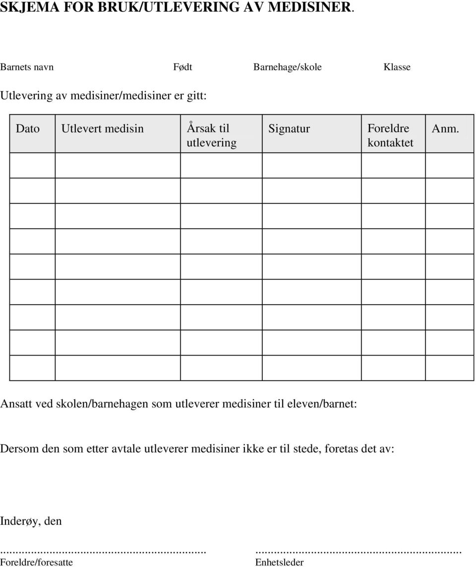 utlevering Signatur Foreldre kontaktet Anm.