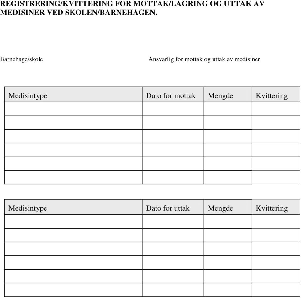 Barnehage/skole Ansvarlig for mottak og uttak av medisiner