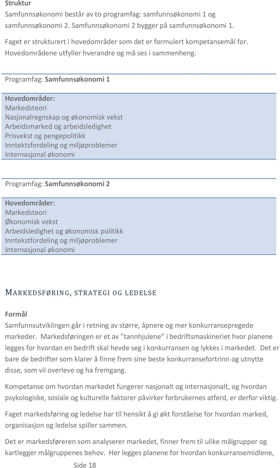 Programfag: Samfunnsøkonomi 1 Hovedområder: Markedsteori Nasjonalregnskap og økonomisk vekst Arbeidsmarked og arbeidsledighet Prisvekst og pengepolitikk Inntektsfordeling og miljøproblemer