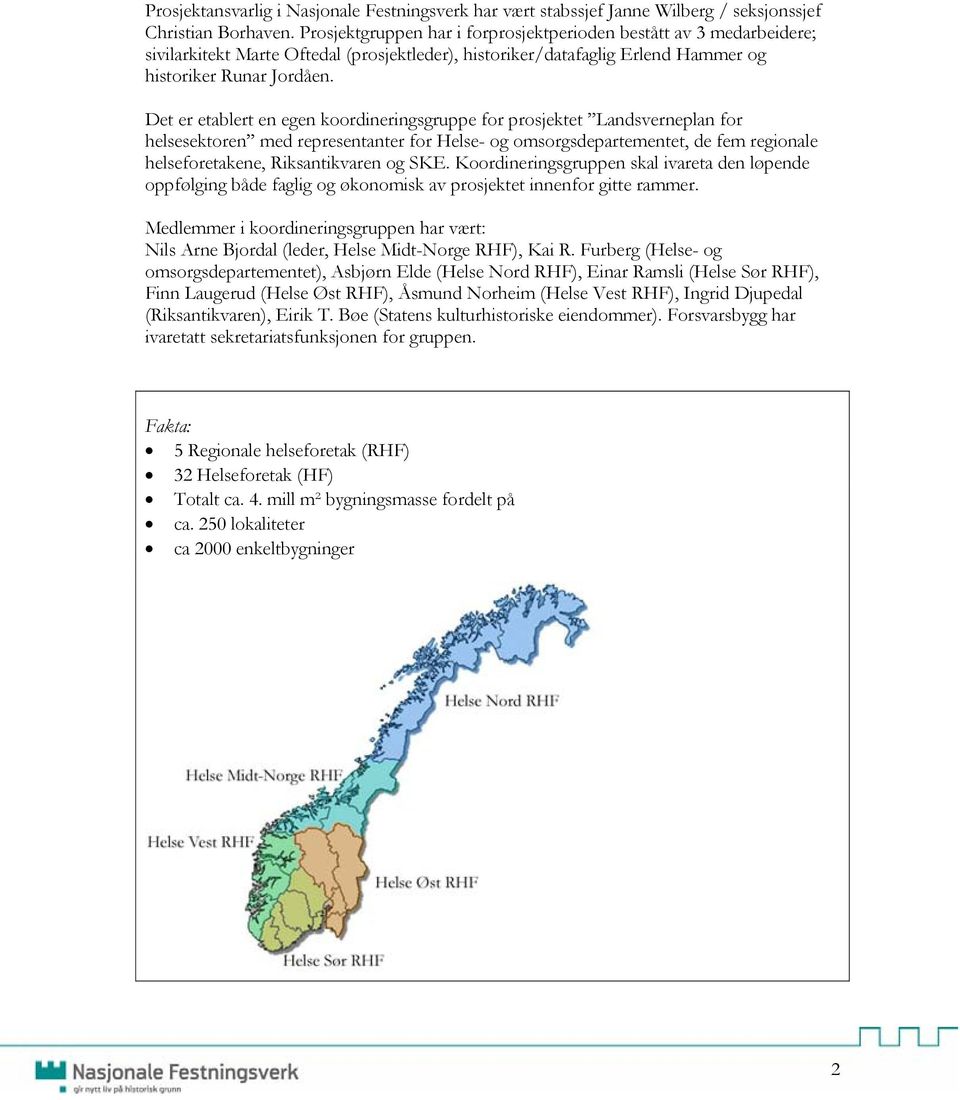 Det er etablert en egen koordineringsgruppe for prosjektet Landsverneplan for helsesektoren med representanter for Helse- og omsorgsdepartementet, de fem regionale helseforetakene, Riksantikvaren og