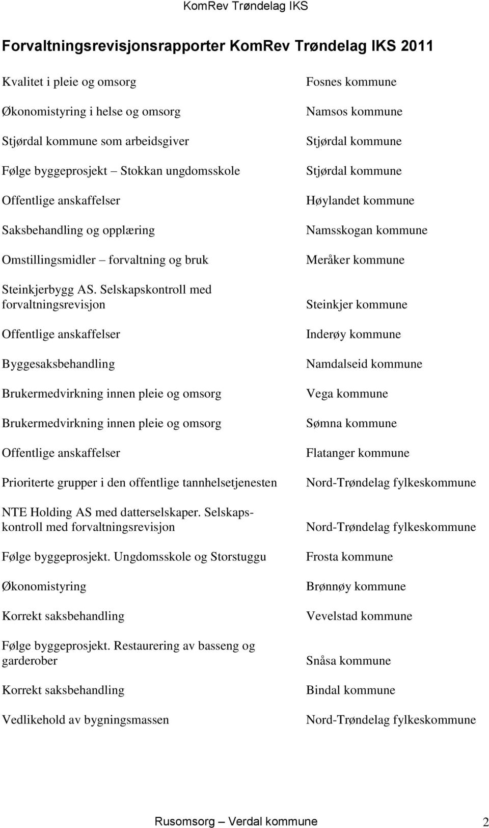 Selskapskontroll med forvaltningsrevisjon Offentlige anskaffelser Byggesaksbehandling Brukermedvirkning innen pleie og omsorg Brukermedvirkning innen pleie og omsorg Offentlige anskaffelser