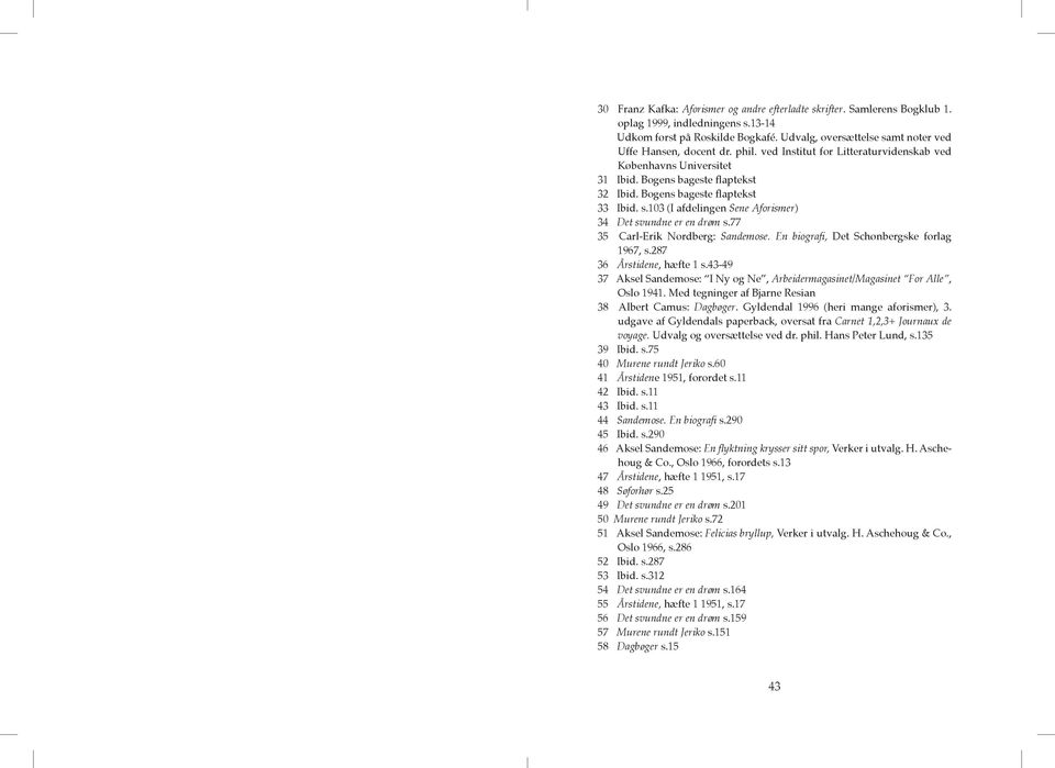 Bogens bageste flaptekst 33 Ibid. s.103 (I afdelingen Sene Aforismer) 34 Det svundne er en drøm s.77 35 Carl-Erik Nordberg: Sandemose. En biografi, Det Schønbergske forlag 1967, s.