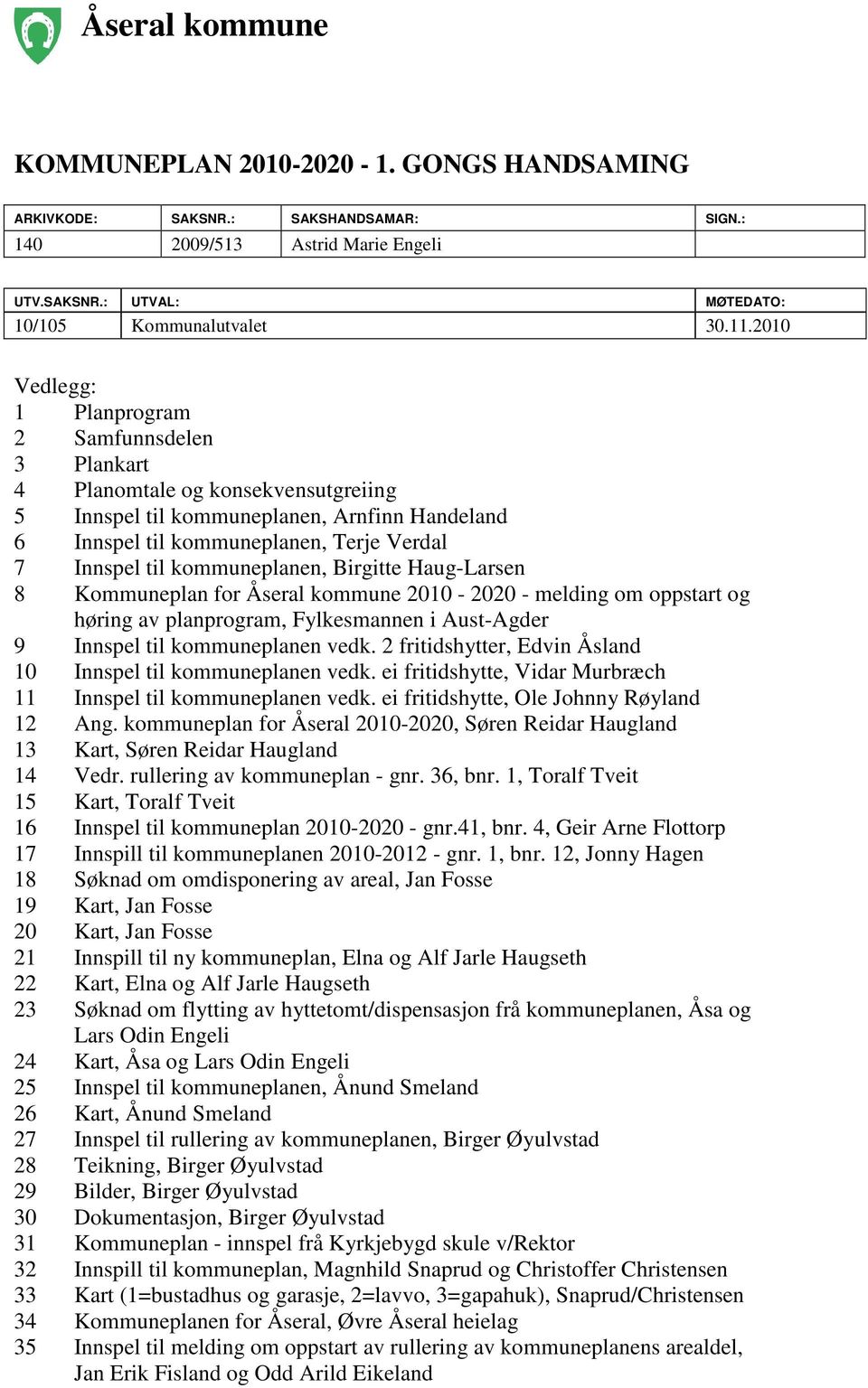 kommuneplanen, Birgitte Haug-Larsen 8 Kommuneplan for Åseral kommune 2010-2020 - melding om oppstart og høring av planprogram, Fylkesmannen i Aust-Agder 9 Innspel til kommuneplanen vedk.