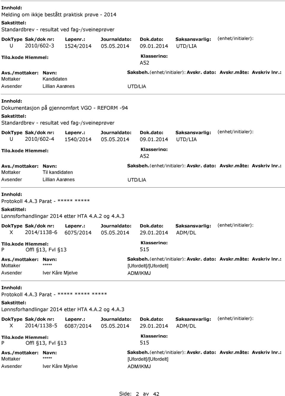 /mottaker: Navn: Saksbeh. Avskr. dato: Avskr.måte: Avskriv lnr.: Mottaker Til kandidaten Lillian Aarønes TD/LA Protokoll 4.A.3 Parat - ***** ***** Lønnsforhandlingar 2014 etter HTA 4.A.2 og 4.A.3 X 2014/1138-6 6075/2014 29.