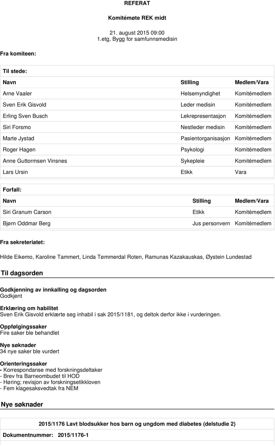 Lekrepresentasjon Komitémedlem Siri Forsmo Nestleder medisin Komitémedlem Marte Jystad Pasientorganisasjon Komitémedlem Roger Hagen Psykologi Komitémedlem Anne Guttormsen Vinsnes Sykepleie