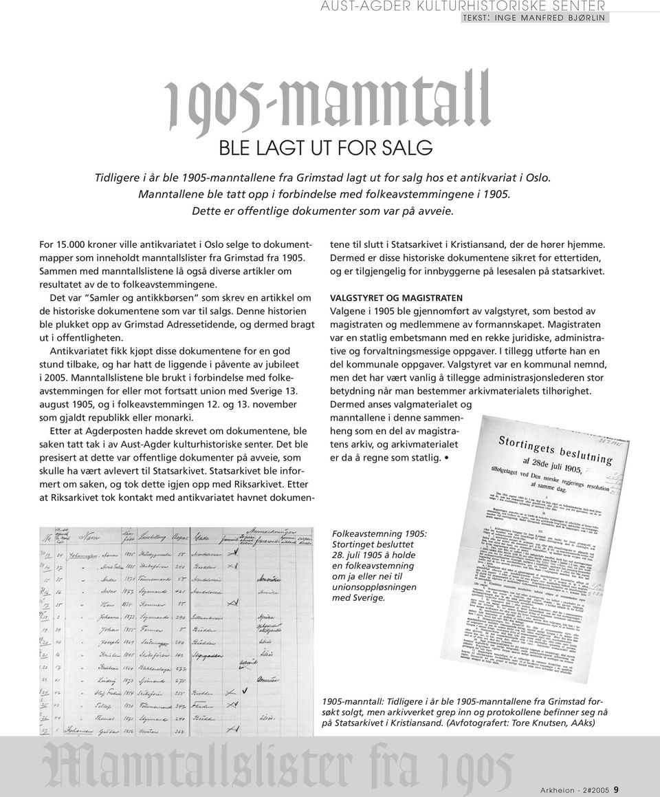 000 kroner ville antikvariatet i Oslo selge to dokumentmapper som inneholdt manntallslister fra Grimstad fra 1905.