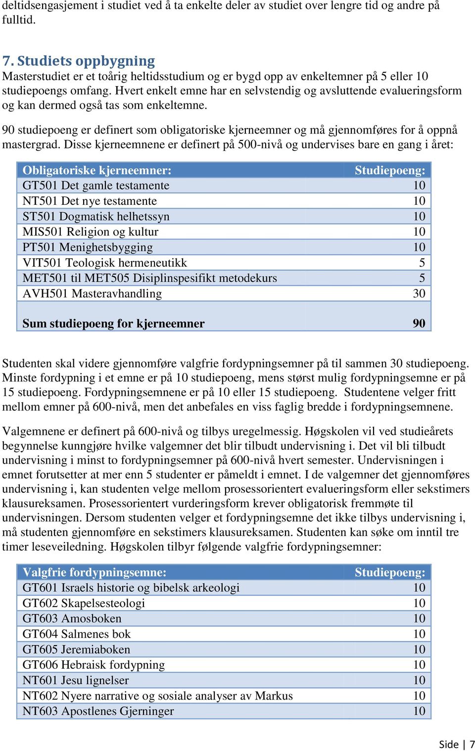 Hvert enkelt emne har en selvstendig og avsluttende evalueringsform og kan dermed også tas som enkeltemne.