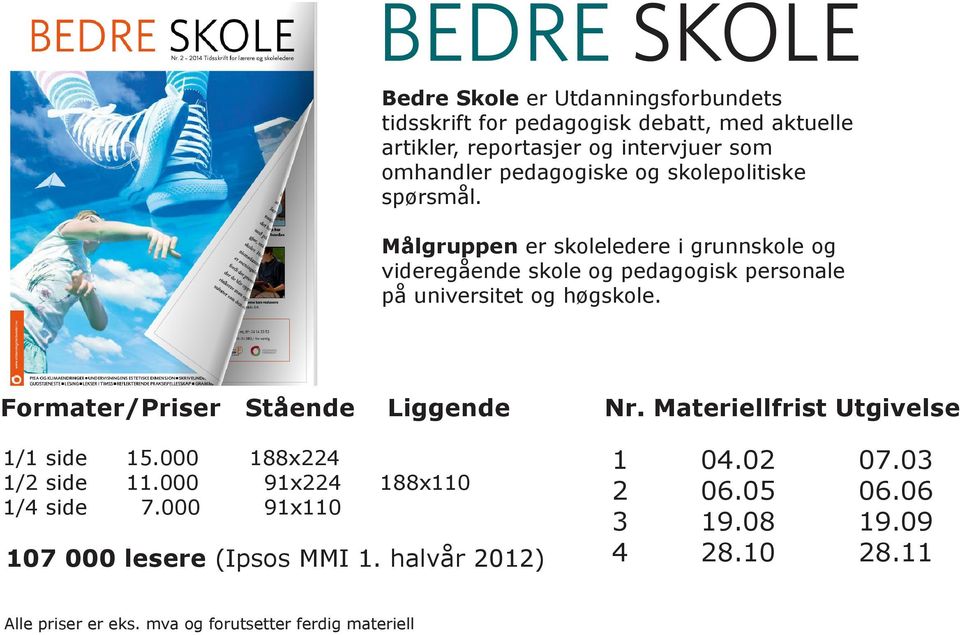 Formater/Priser Stående Liggende Nr. Materiellfrist Utgivelse 1/1 side 15.000 188x224 1/2 side 11.000 91x224 188x110 1/4 side 7.