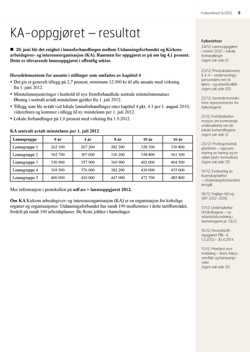 Hovedelementene for ansatte i stillinger som omfattes av kapittel 4 ydet gis et generelt tillegg på 2,7 prosent, minimum 12.000 kr til alle ansatte med virkning fra 1. juni 2012.