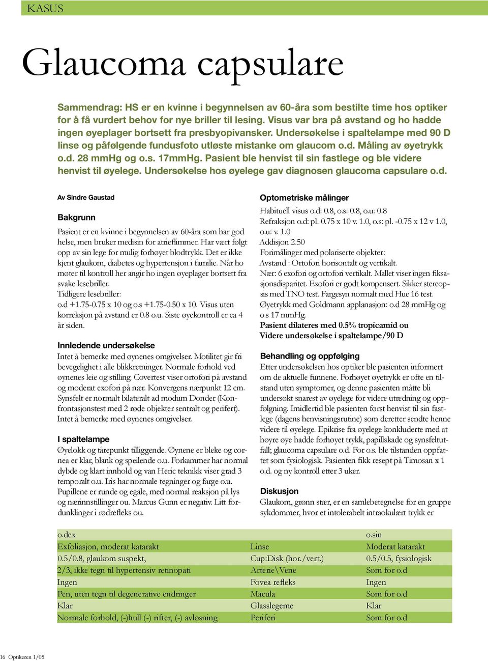 d. 28 mmhg og o.s. 17mmHg. Pasient ble henvist til sin fastlege og ble videre henvist til øyelege. Undersøkelse hos øyelege gav diagnosen glaucoma capsulare o.d. Av Sindre Gaustad Bakgrunn Pasient er en kvinne i begynnelsen av 60-åra som har god helse, men bruker medisin for atrieflimmer.