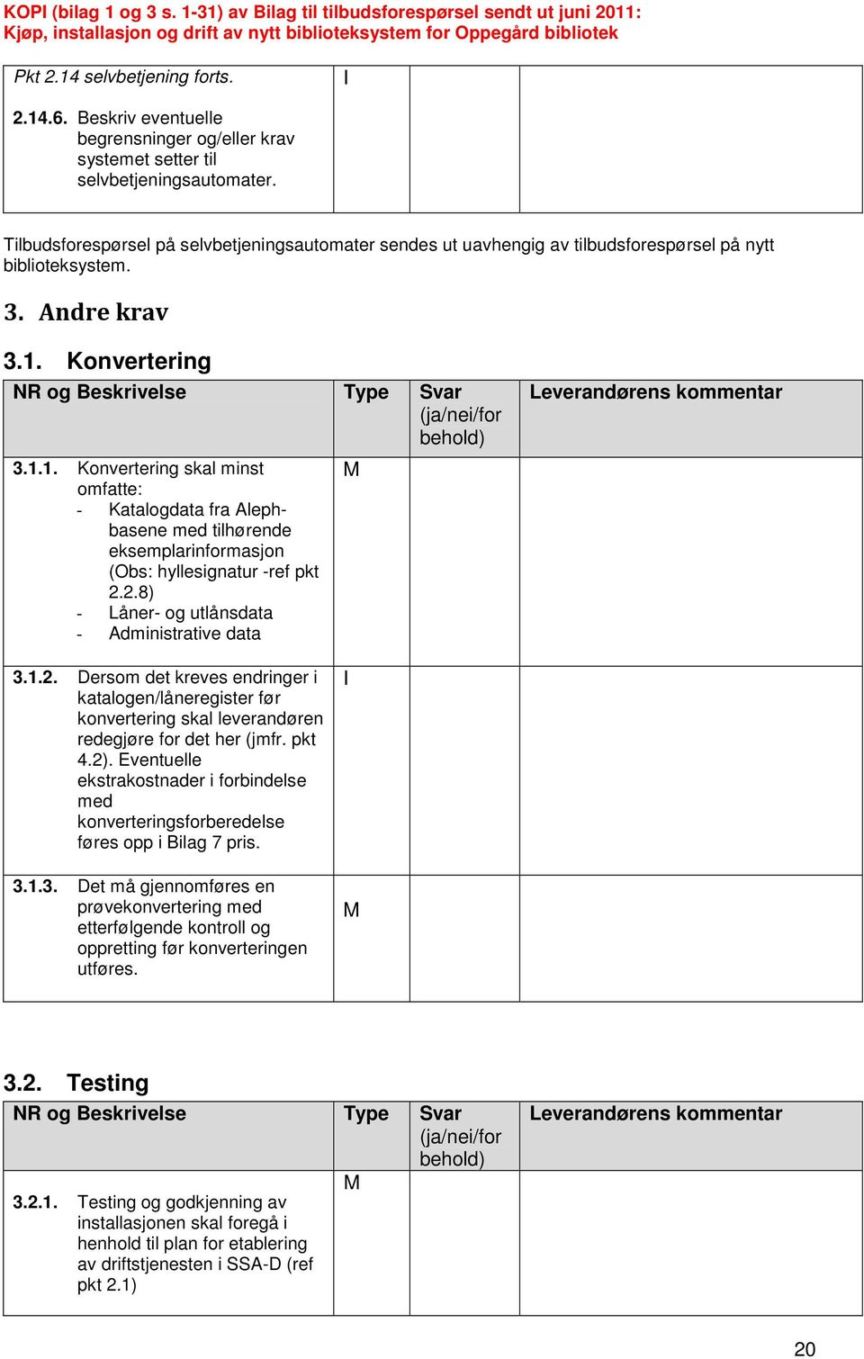 Tilbudsforespørsel på selvbetjeningsautomater sendes ut uavhengig av tilbudsforespørsel på nytt biblioteksystem. 3. Andre krav 3.1.