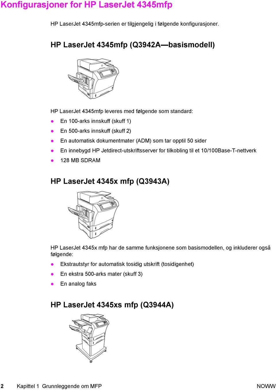 dokumentmater (ADM) som tar opptil 50 sider En innebygd HP Jetdirect-utskriftsserver for tilkobling til et 10/100Base-T-nettverk 128 MB SDRAM HP LaserJet 4345x mfp (Q3943A) HP